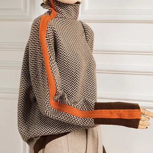 Cezele Sweaters - Cezele Women’s Brown Herringbone Knit w Orange Details Turtleneck Sweater L EUC